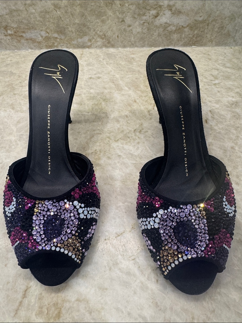 Giuseppe Zanotti Black Beaded Multicolor Crystal Mules